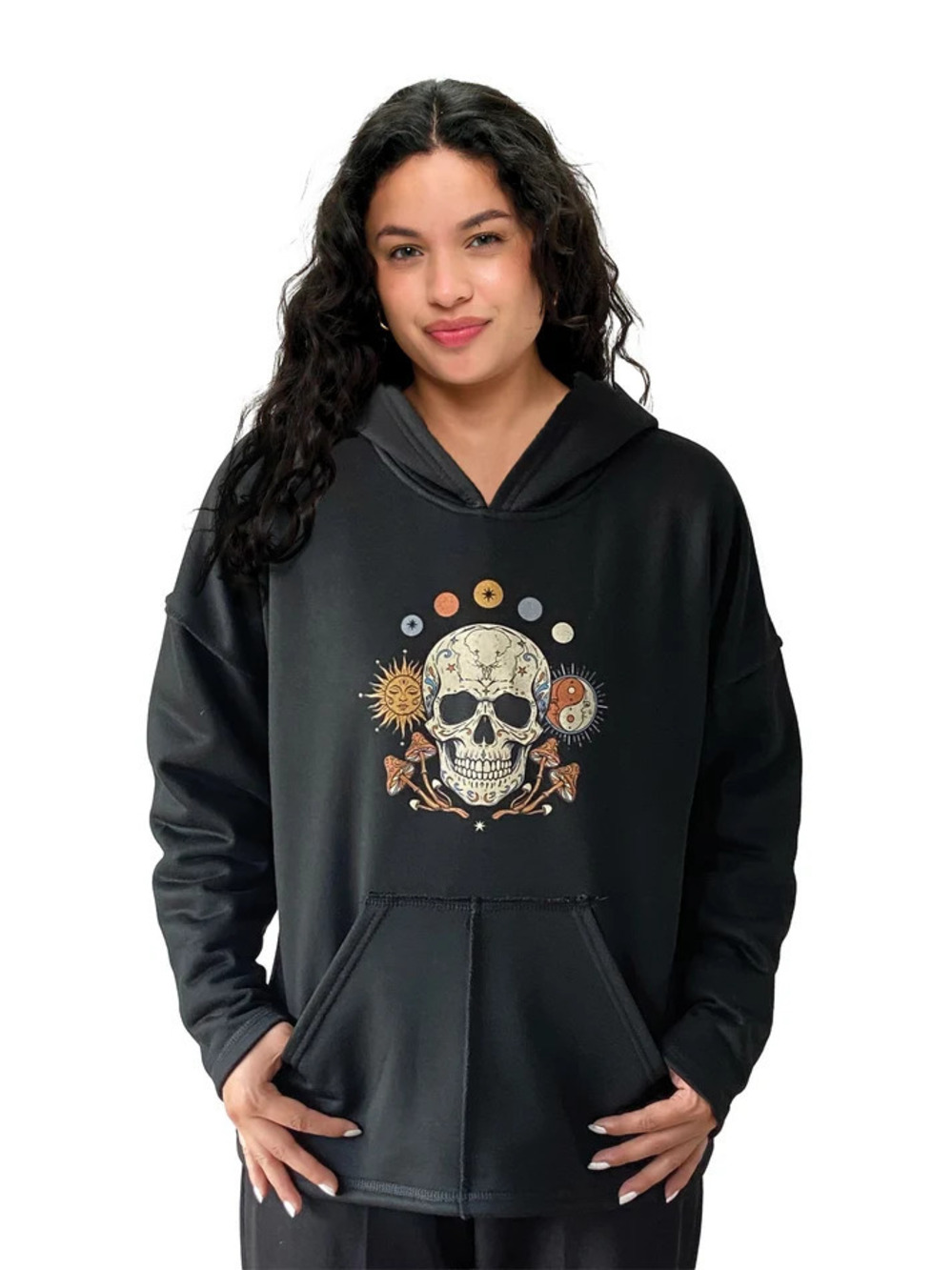 25682 | Yak & Yeti Boho Celestial Mushroom Skull Print Hoodie | Sizes S/M-L/XL